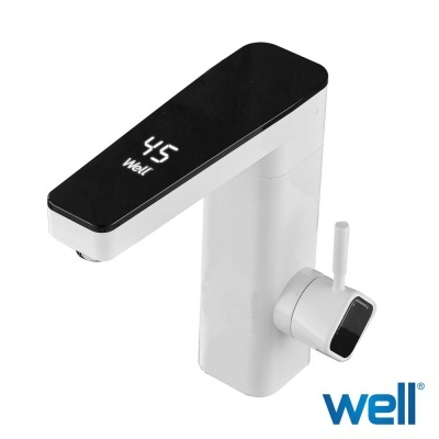 Torneira branca e preta com visor digital e marca WELL