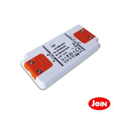 Fonte de alimentação LED branca com tampas laranja e texto técnico