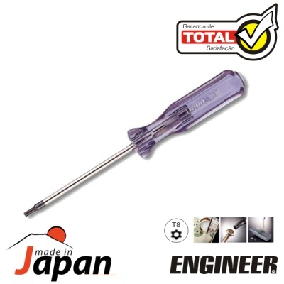 Chave de fendas roxa transparente com haste metálica e selo de garantia.