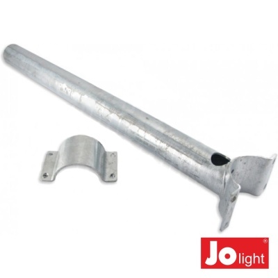 Suporte metálico prateado com abraçadeira e logótipo Jo light