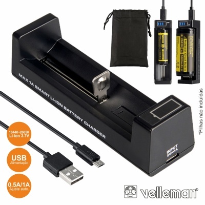 Carregador de bateria Li-Ion SMART MAX 1A preto com cabo USB e bolso de transporte