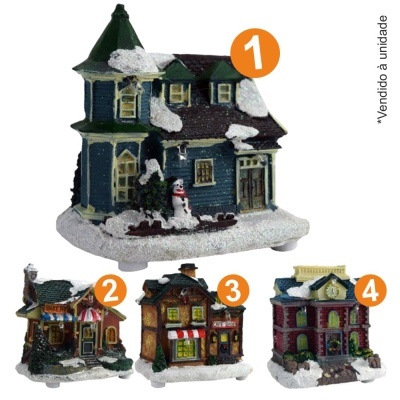 quatro miniaturas de casas de aldeia de inverno com neve e numeração