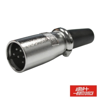 Conector coaxial metálico prateado com ponta preta e pinos visíveis