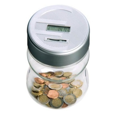 Pote transparente em vidro com tampa metálica cinza com visor digital e ranhura para moedas