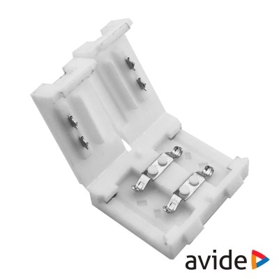Conector elétrico branco com contactos metálicos em fundo branco e logótipo Avide
