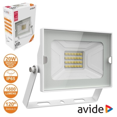 Refletor LED Avide branco 20W com embalagem e ícones de especificações