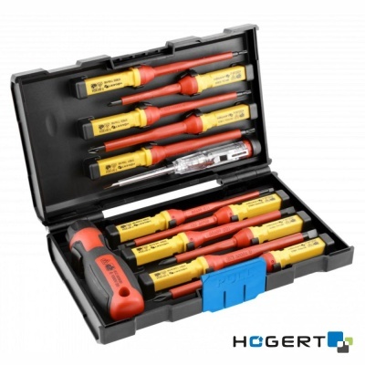 Conjunto de ferramentas de precisão HOGERT em caixa preta com chaves de fendas isoladas vermelhas e amarelas