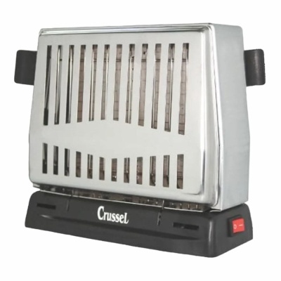 Aquecedor metálico com grelha frontal e base preta com botão desligar