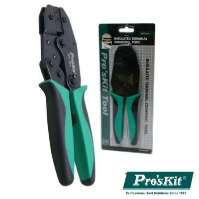 Alicate de crimpar isolado Pro'sKit com punhos verde e preto e embalagem