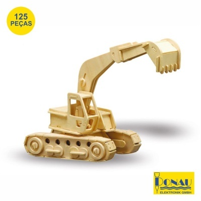 Modelo de escavadora de madeira com 125 peças e logótipo Donau em fundo branco
