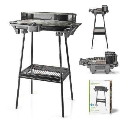 Grelhador de carvão metálico preto com suporte e balde lateral