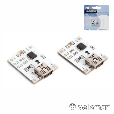 Placa eletrónica com conector USB e componentes, embalagem azul Velleman