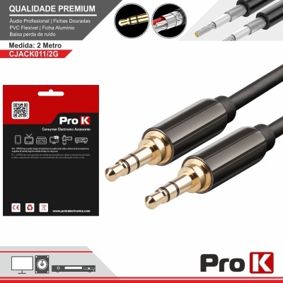 Cabo áudio profissional Pro K com fichas douradas 3,5 mm e embalagem preta e vermelha