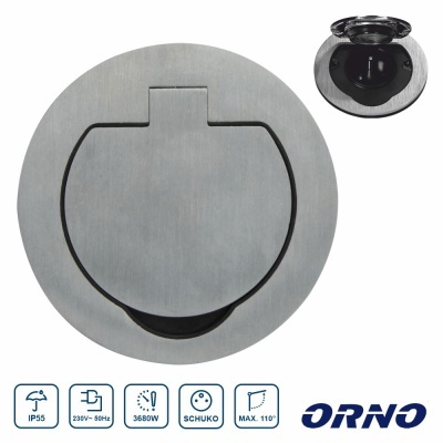 Tomada elétrica embutida circular em aço escovado com tampa basculante