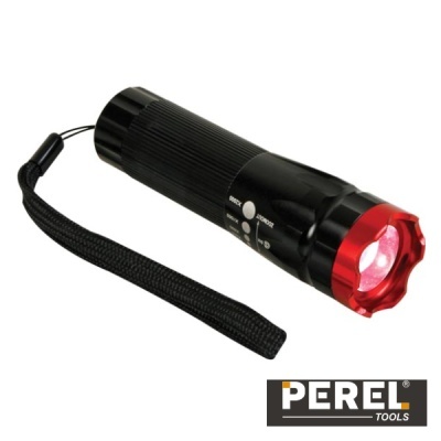 Lanterna preta e vermelha com alça e luz acesa