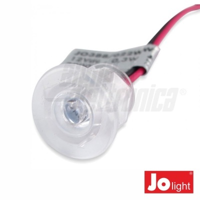 LED redondo transparente com fios e etiqueta cinza, logo Jo light