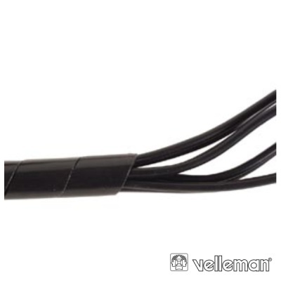 Conjunto de cabos eléctricos pretos com três fios expostos e logótipo Velleman