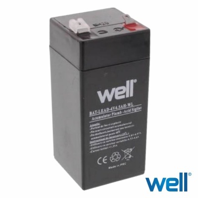 Bateria recarregável de chumbo-ácido Well preta com texto branco e terminais no topo