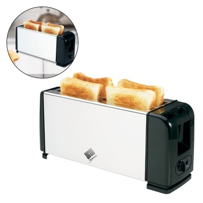 Torradeira metálica branca e preta com quatro fatias de pão torrado