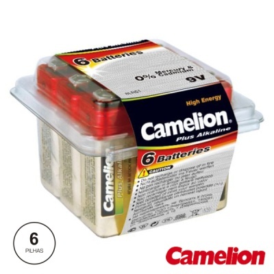 Pacote com 6 pilhas alcalinas Camelion 9V em embalagem transparente