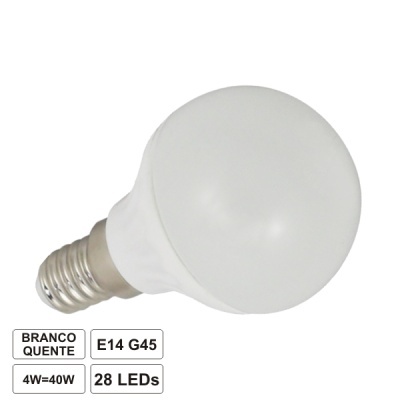 Lâmpada LED branca quente E14 G45 com 28 LEDs e potência 4W=40W