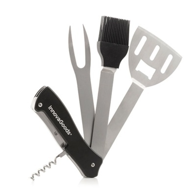 Utensílios barbecue em aço inoxidável com pega preta e marca InnovaGoods