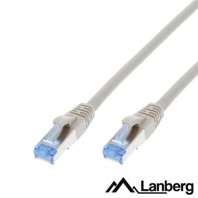 Cabo de rede branco com conectores RJ45 e logótipo Lanberg
