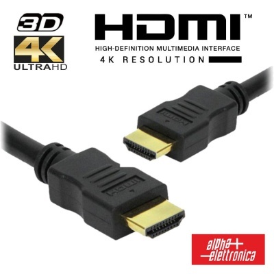 Cabo HDMI preto com conectores dourados com texto e logótipo alpha elettronica