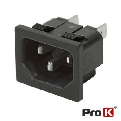 Tomada elétrica preta com três pinos metálicos e logótipo Pro K