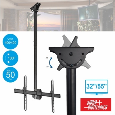 Suporte teto TV ajustável preto, capacidade 50 kg, VESA 400x400, 32-55 polegadas