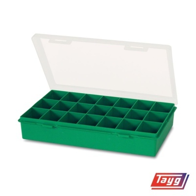 Caixa organizadora verde com tampa transparente aberta