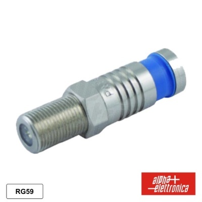 Conector coaxial metálico prateado com ponta azul e etiqueta RG59