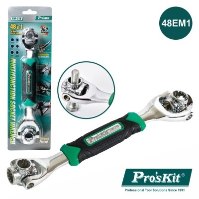 Chave inglesa multifunções Pro'sKit 48 em 1 com cabeças articuladas e pega ergonómica verde e preta