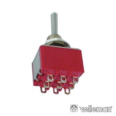 Interruptor toggle vermelho com 9 terminais metálicos e haste de acionamento