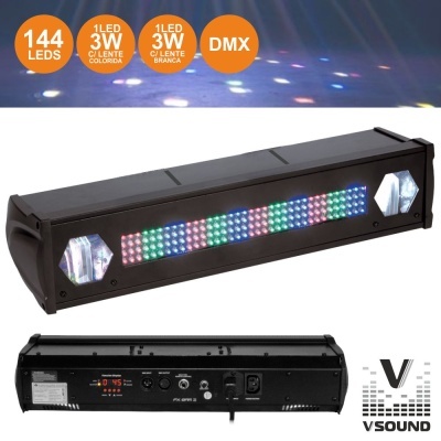 Luz LED DJ retangular preta com LEDs coloridos e painel traseiro com conexões.