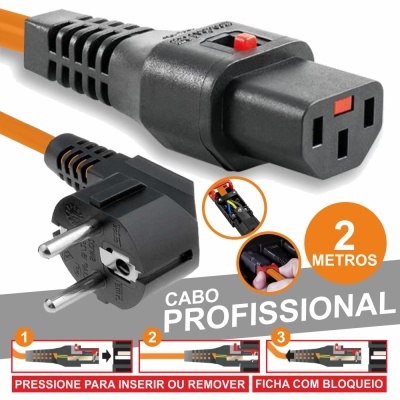 Cabo elétrico profissional preto e laranja com conector europeu e instruções em português