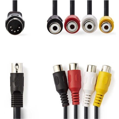 Conectores DIN e RCA para áudio e vídeo em fundo branco