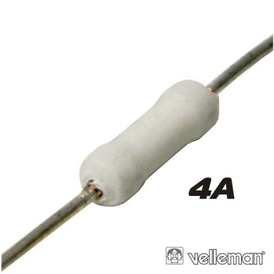Resistor branco cilíndrico com ligações metálicas e texto 4A
