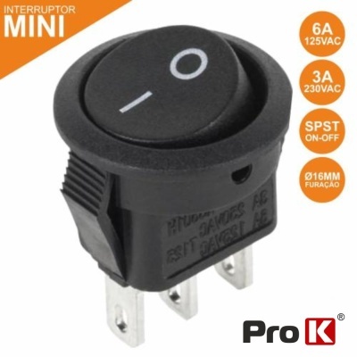 Interruptor mini redondo preto com símbolos ligar e desligar e especificações técnicas
