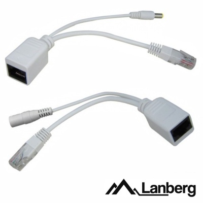 Adaptador branco com conectores RJ45 e de alimentação, em fundo branco com logótipo Lanberg