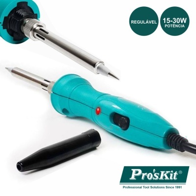 Ferro de soldar elétrico azul turquesa com ponta metálica fina e cabo preto da Pro'sKit
