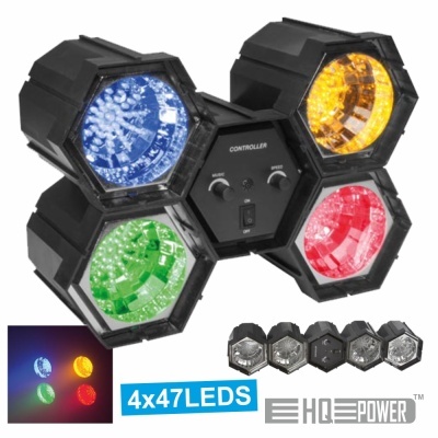 Luz de palco com quatro lanternas hexagonais coloridas azul, amarelo, verde e vermelho