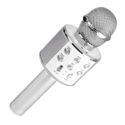 Microfone sem fios prateado com botões e malha metálica