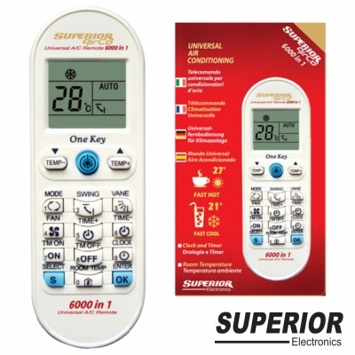 Comando remoto branco para ar condicionado com ecrã digital e embalagem vermelha