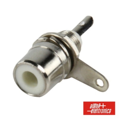 Conector RCA fêmea metálico com isolamento branco e suporte para montagem