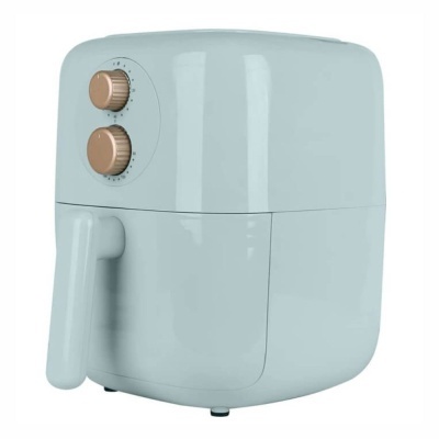 Frigideira elétrica azul claro com botões cor de cobre e pega integrada