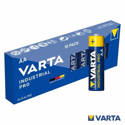 Pacote de 10 baterias VARTA Industrial Pro AA alcalinas em fundo branco