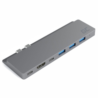 Adaptador hub USB-C cinza com múltiplas portas incluindo USB-A azul, HDMI e USB-C