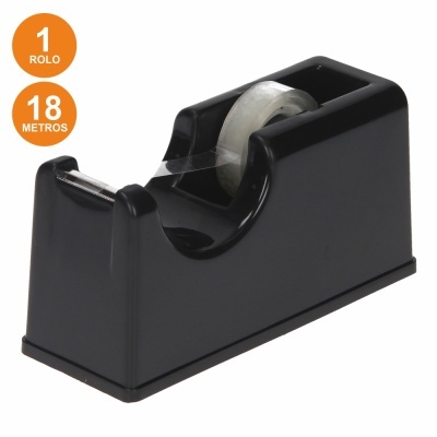 Dispensador de fita adesiva preto com rolo transparente e texto indicativo.