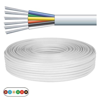 Rolo de cabo elétrico branco com fios coloridos expostos
